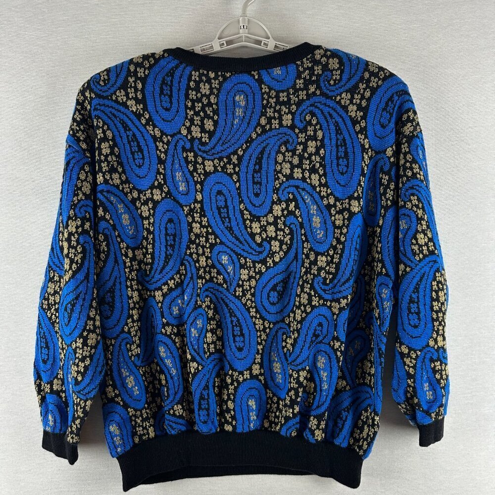 TOP NOTCH WOMEN'S VINTAGE PULLOVER SWEATER BLUE, BLACK & GOLD PAISLEY DESIGN XL - Picture 3 of 8